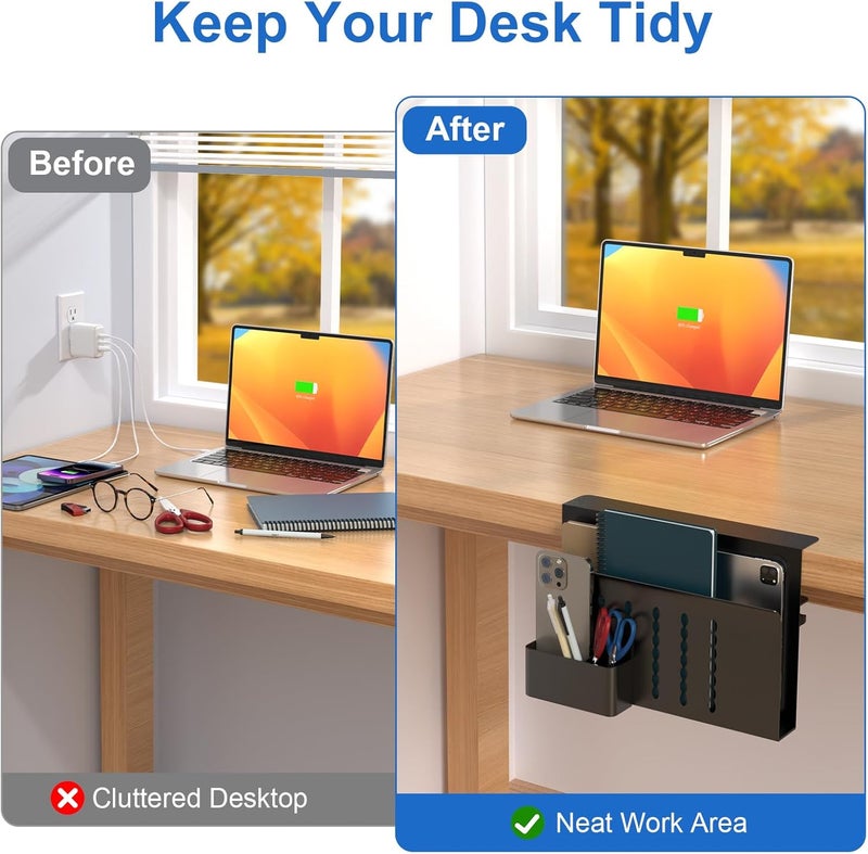 HAMOPY Desk Side Storage, Single-Layer Steel Hanging Desk Organizer with Magnetic Pen Holder, No Drilling Desk Drawer Cable Management Tray, Under Table Laptop Holder for Office, School&Home(Black) - Image 4